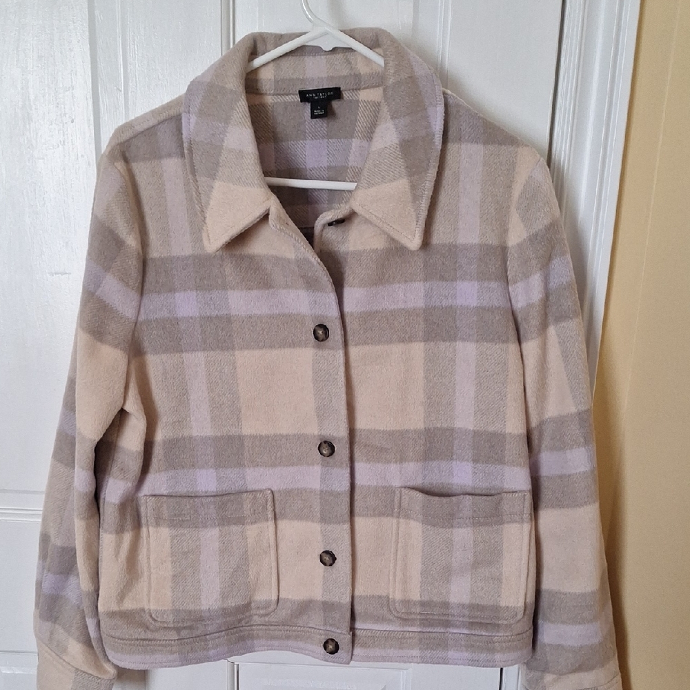 Ann Taylor Factory Plaid Cream and Gray Bomber Jacket